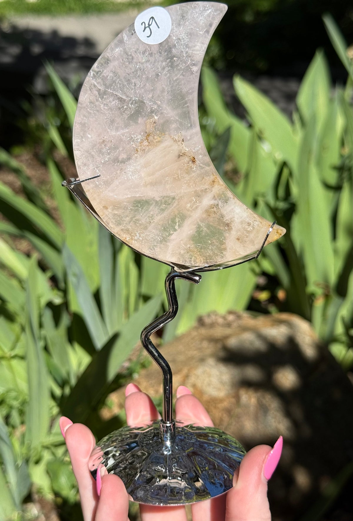 Dendritic Rose Quartz Moons on Stand