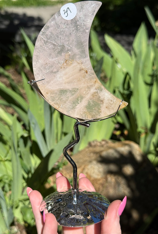 Dendritic Rose Quartz Moons on Stand