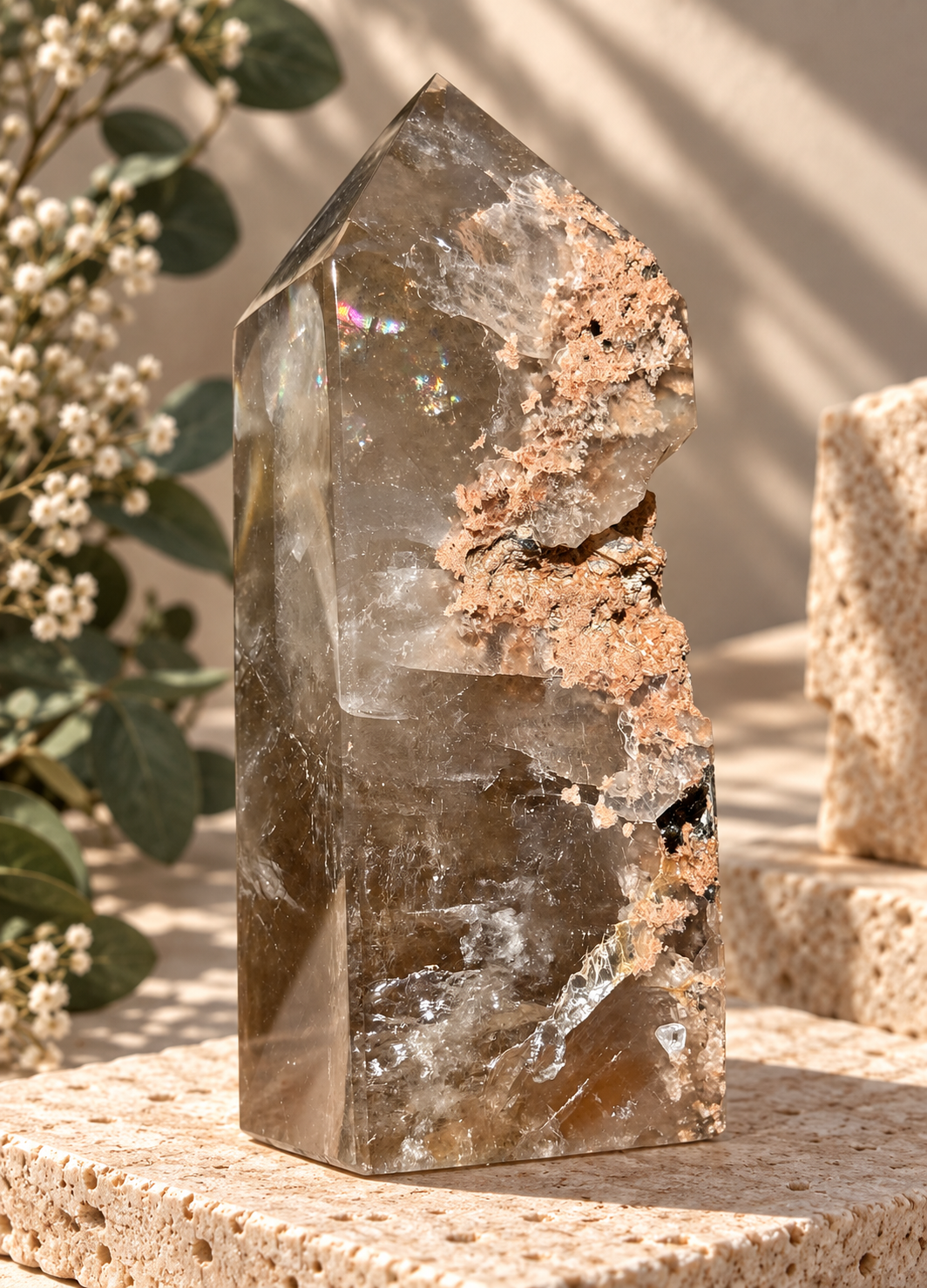 Smokey Quartz Tower with Green Tourmaline