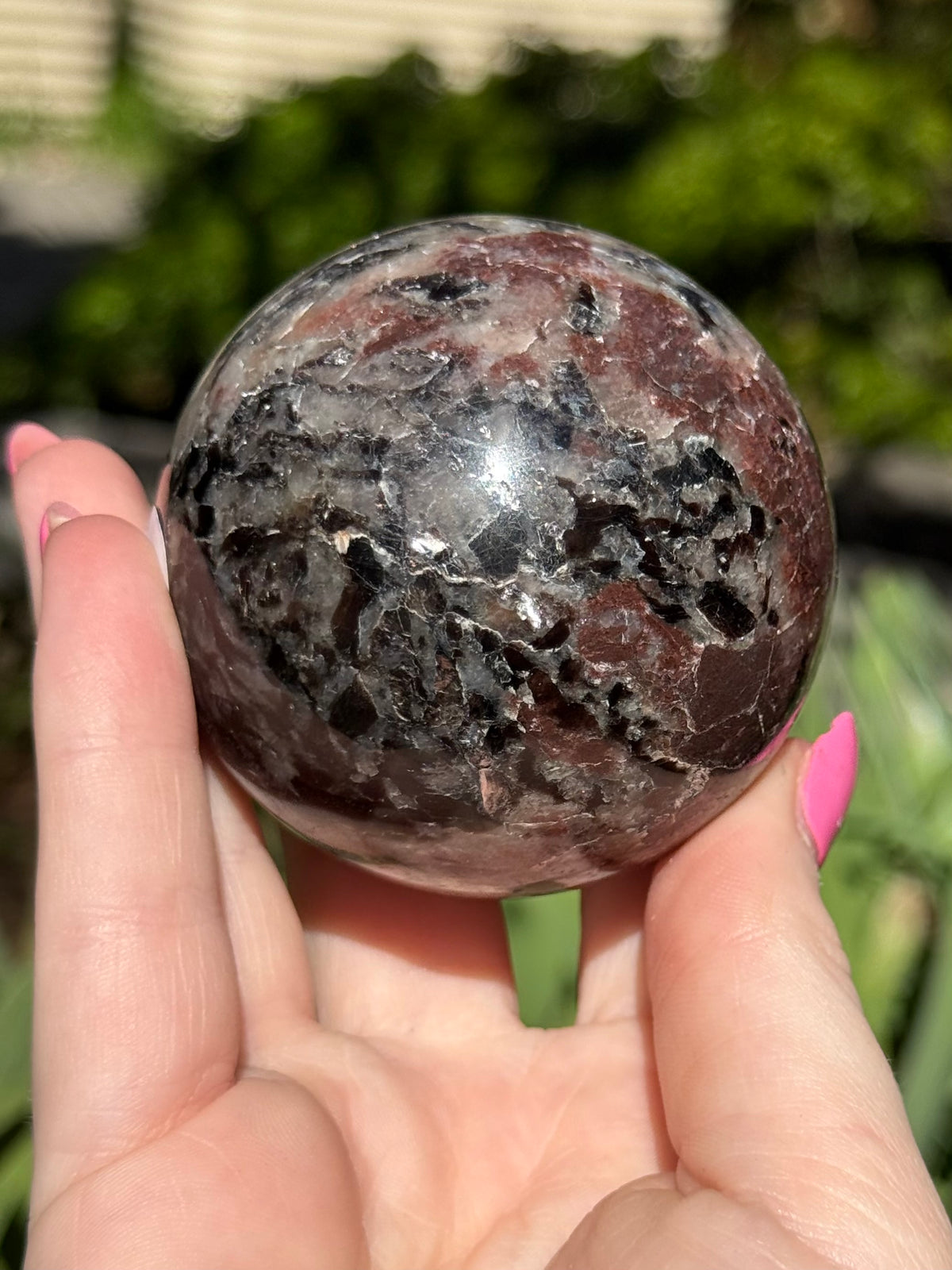 Green Mica with Garnet Sphere