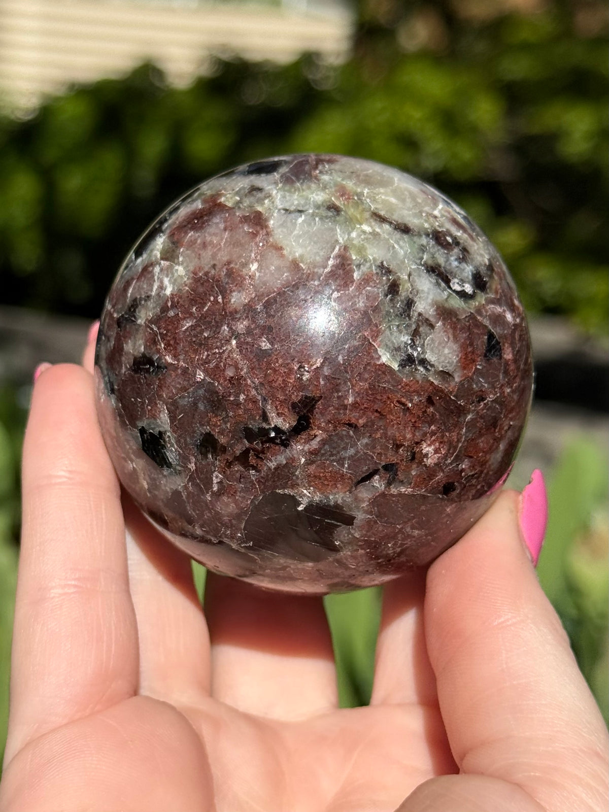 Green Mica with Garnet Sphere