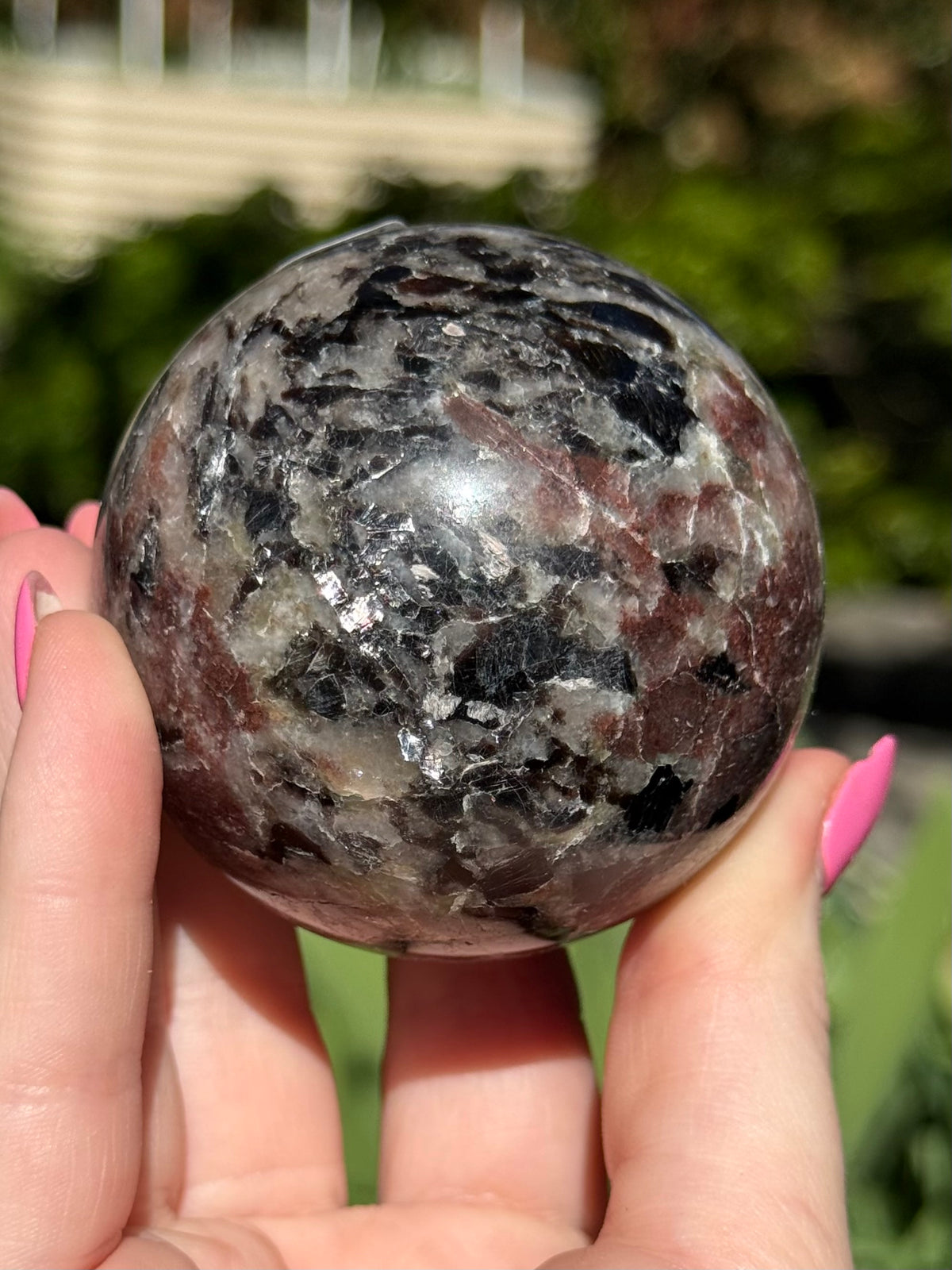 Green Mica with Garnet Sphere