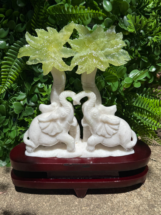 Jade Elephant carving in custom wood stand