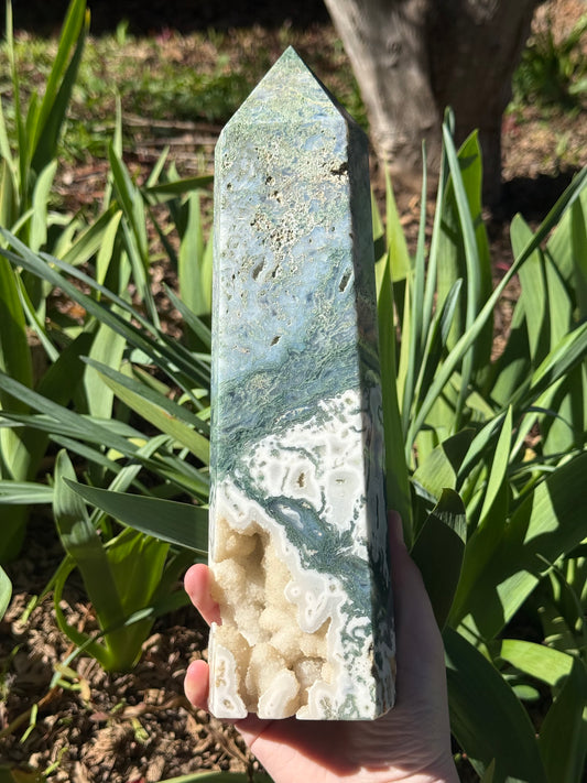 XL Moss Agate Druzy Tower
