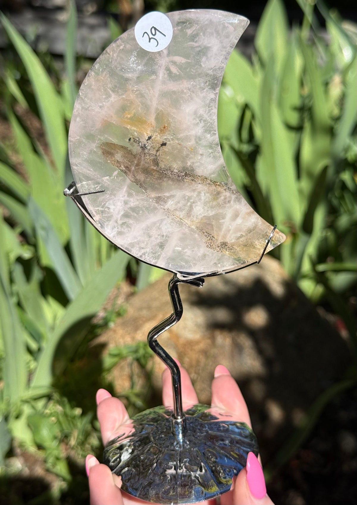 Dendritic Rose Quartz Moons on Stand