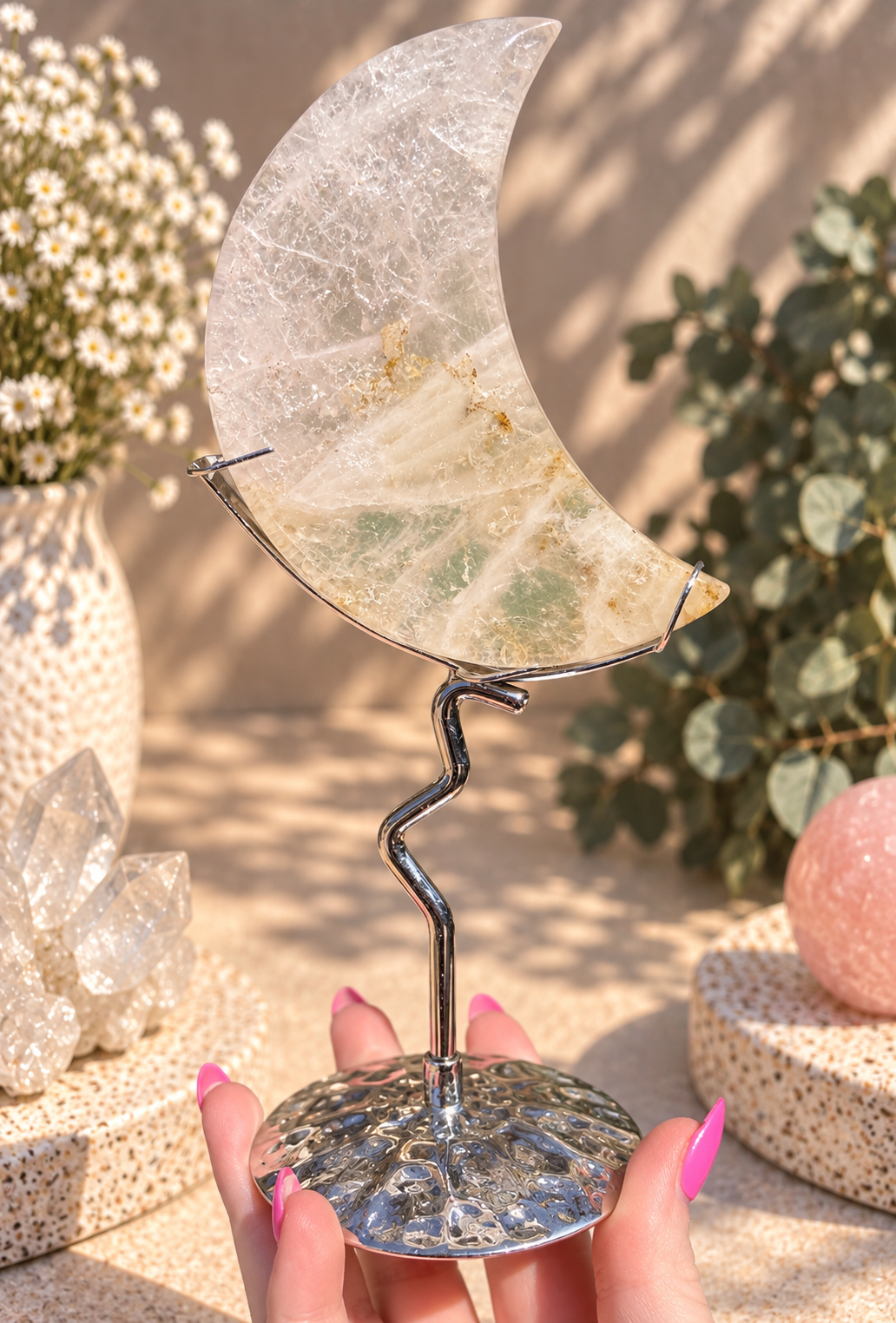 Dendritic Rose Quartz Moons on Stand