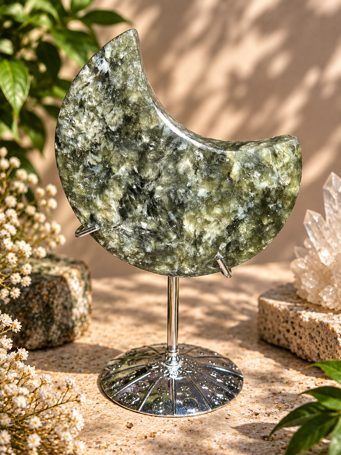 Green Mica Moon on Stand